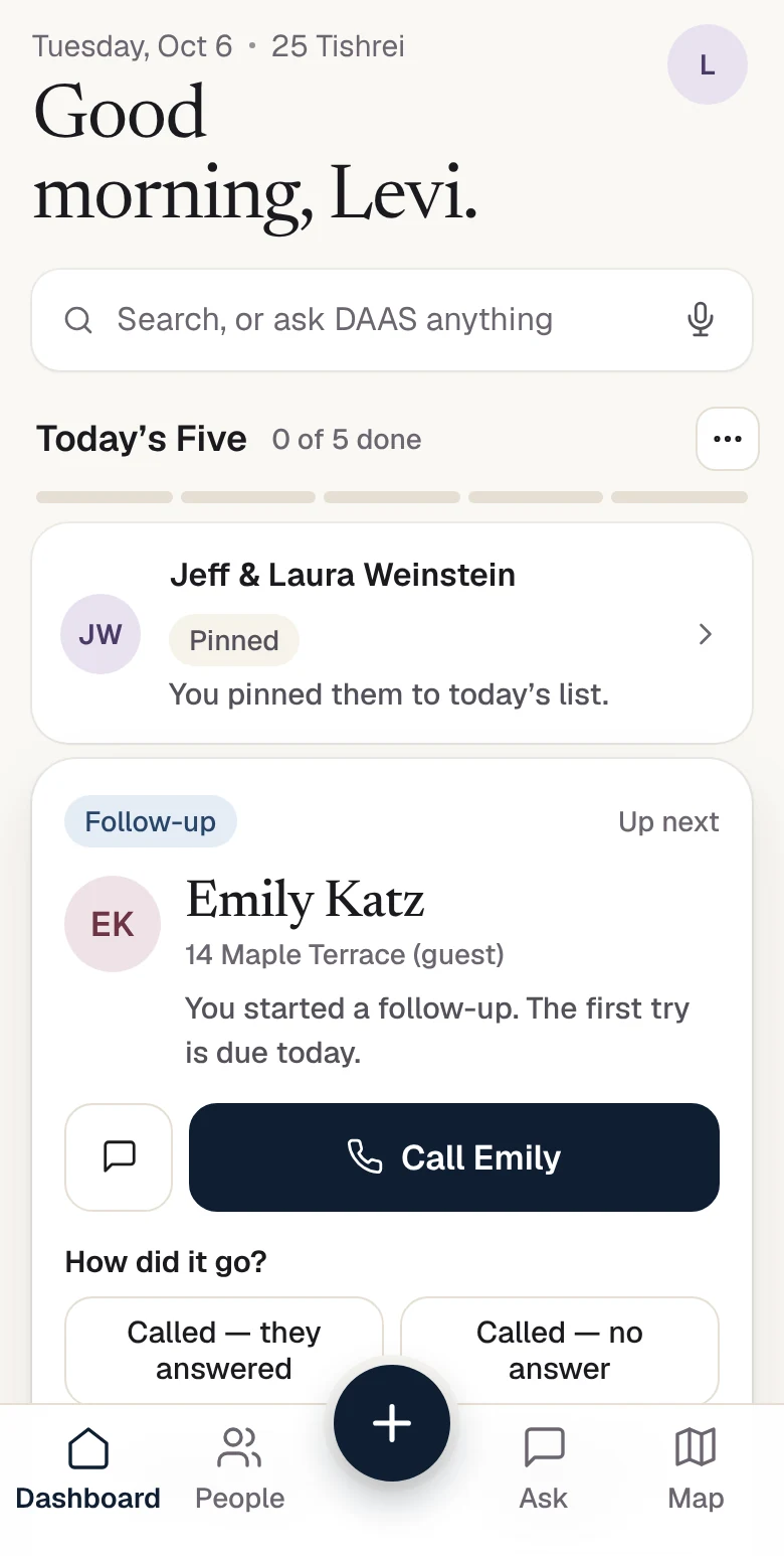 Today’s Five on a phone: a follow-up card for a fictional contact, a Call button and the How did it go? outcomes